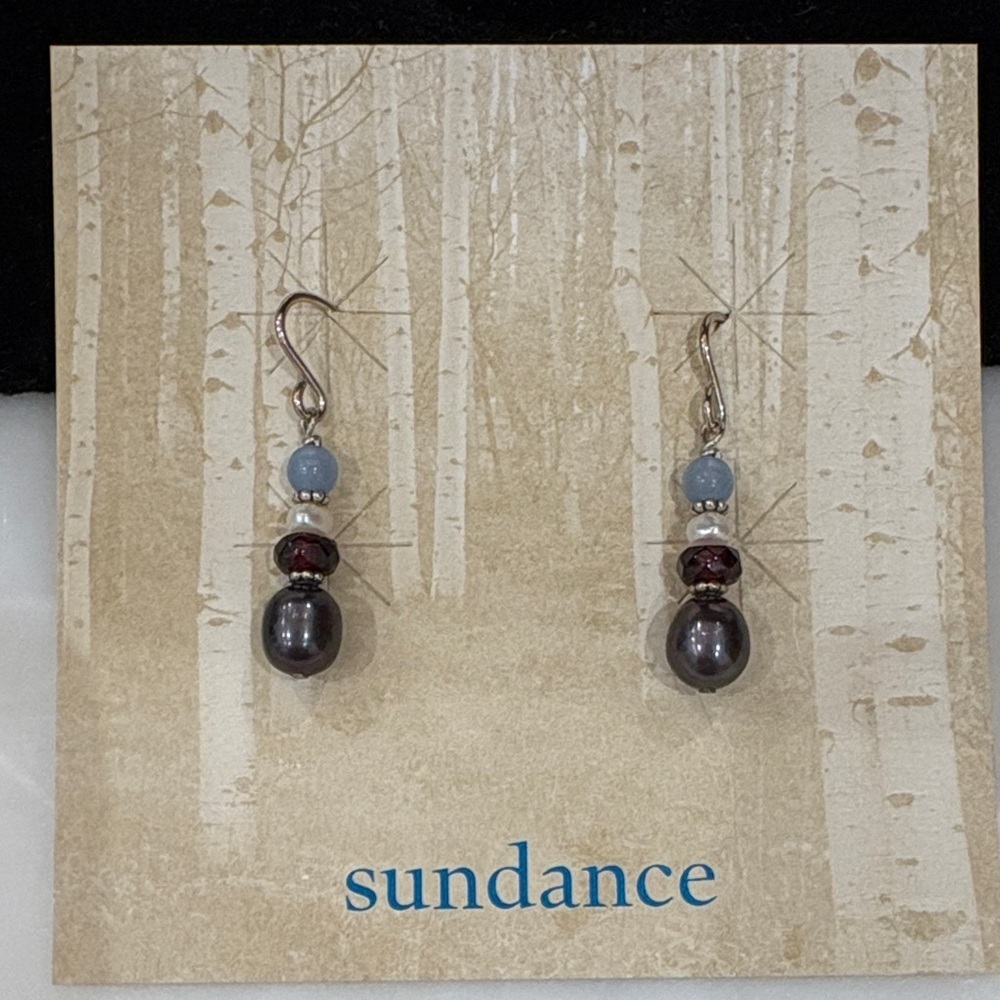 Sundance Catalog Raven Gray Freshwater Pearl, Garnet—Iolite Sterling Silver Ear.